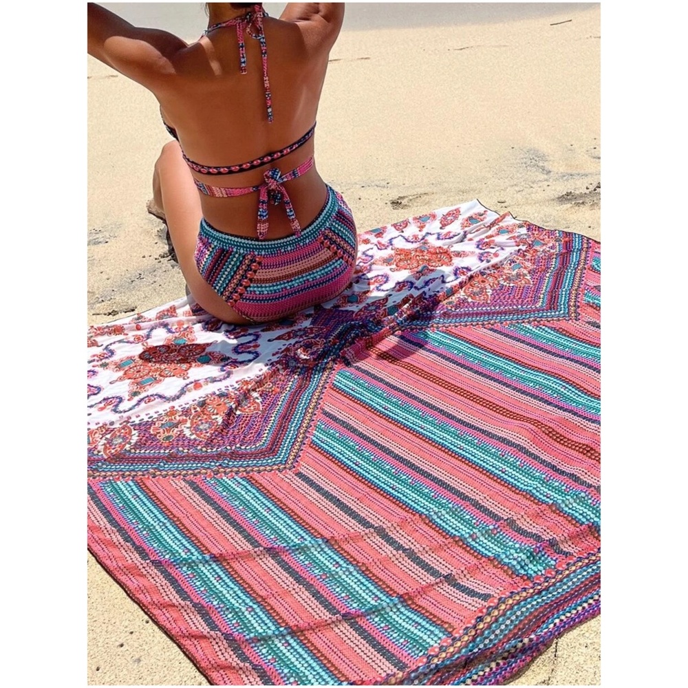 Boho Print Cut out Halter High Waisted Bikini Cover up - Picture 3 of 6